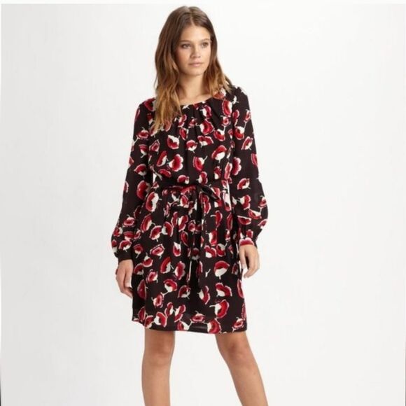 MILLY New York  💯 Silk Merlot Poppy Print Clemie Tie  Dress Size 12 Large - Picture 2 of 15